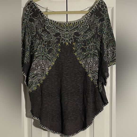 Free People Embroidered Knit Gray Green Boho Sweater Size Large - Picture 2 of 7